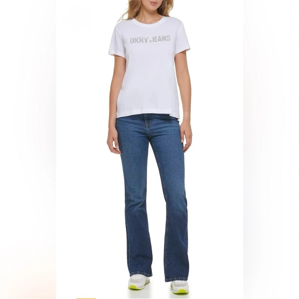 DKNY White Short Sleeve Shirt W/DKNY Logo In Silver Rhinestones, Size Large, NWT - Picture 4 of 16